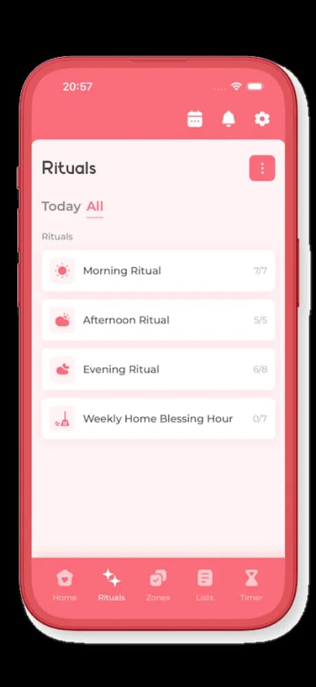 LadyFly app: daily rituals screen